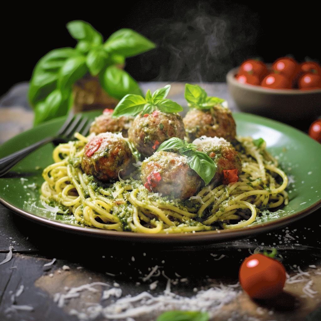 Spaghetti-al-Pesto-Alla-Genovese-y-Albóndigas